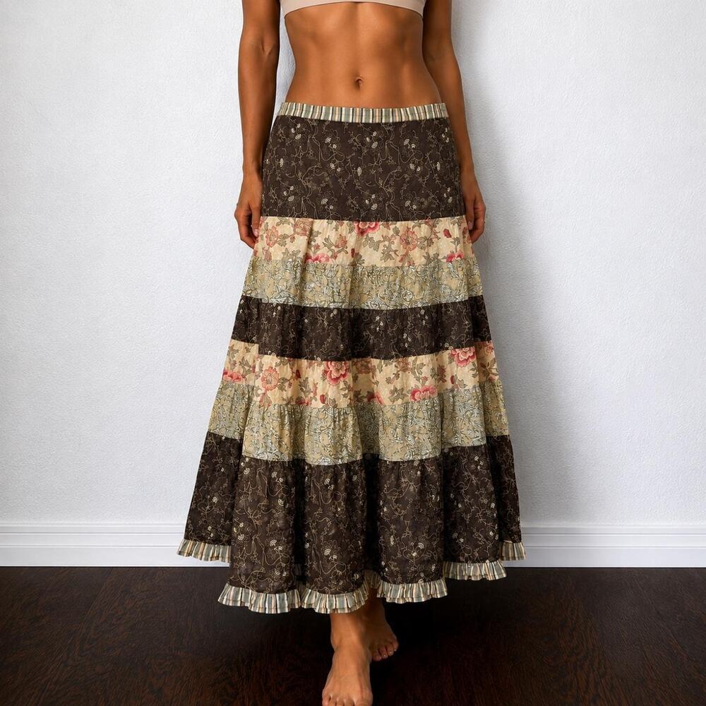 Vintage Italian Earthy Boho Patchwork Tiered Lagenlook Cotton Maxi Skirt Sz S/M